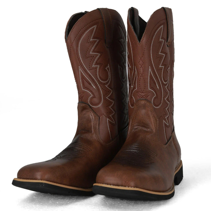 Miesten länsimaiset cowboy-keinonahkasaappaat toteemikuviolla, kestävä PU-nahka, slip-on, keskikorkea malli.
