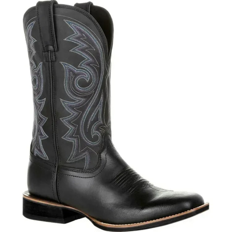 Miesten länsimaiset cowboy-keinonahkasaappaat toteemikuviolla, kestävä PU-nahka, slip-on, keskikorkea malli.