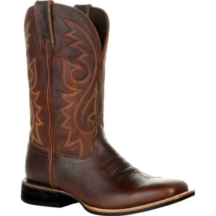 Miesten länsimaiset cowboy-keinonahkasaappaat toteemikuviolla, kestävä PU-nahka, slip-on, keskikorkea malli.