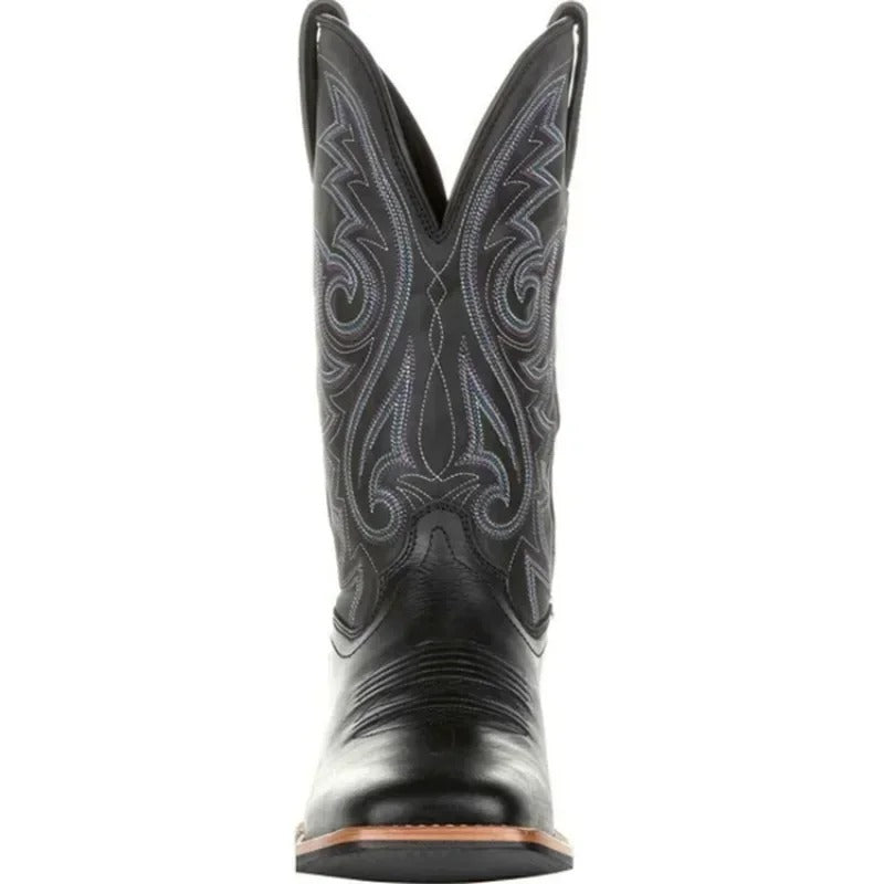 Miesten länsimaiset cowboy-keinonahkasaappaat toteemikuviolla, kestävä PU-nahka, slip-on, keskikorkea malli.