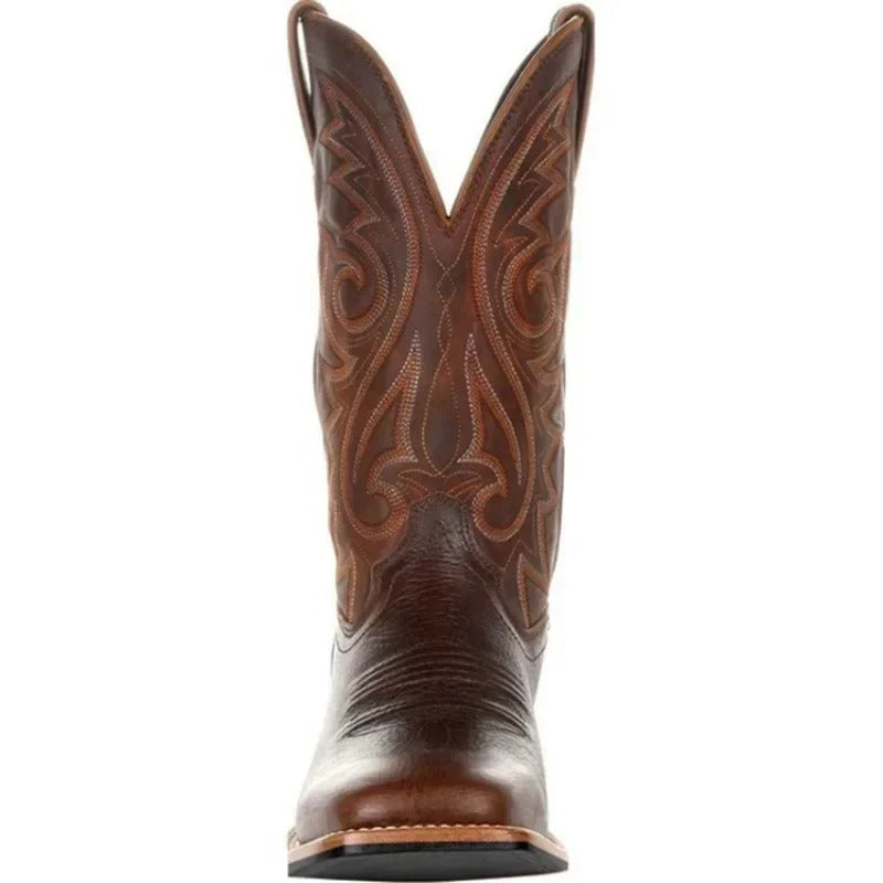 Miesten länsimaiset cowboy-keinonahkasaappaat toteemikuviolla, kestävä PU-nahka, slip-on, keskikorkea malli.