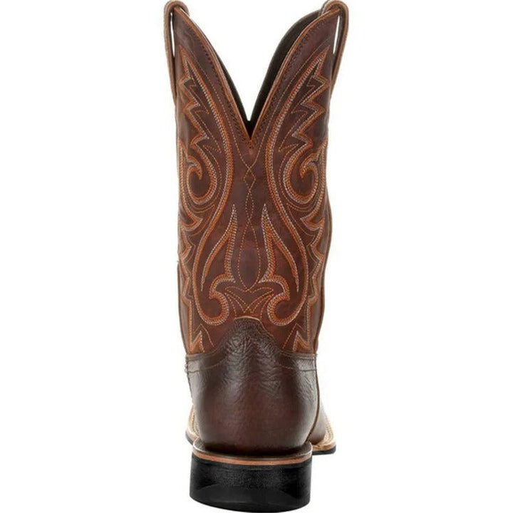 Miesten länsimaiset cowboy-keinonahkasaappaat toteemikuviolla, kestävä PU-nahka, slip-on, keskikorkea malli.