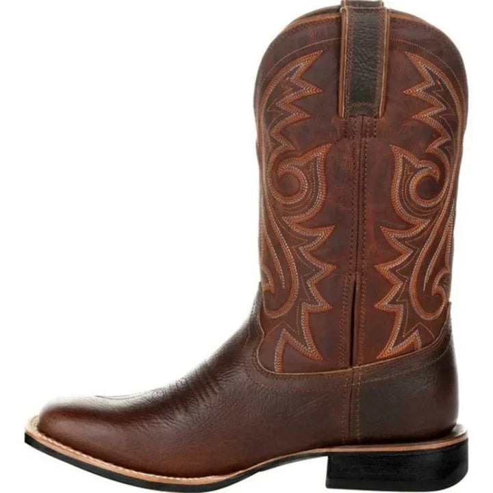Miesten länsimaiset cowboy-keinonahkasaappaat toteemikuviolla, kestävä PU-nahka, slip-on, keskikorkea malli.