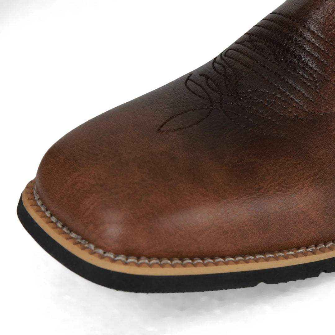 Miesten länsimaiset cowboy-keinonahkasaappaat toteemikuviolla, kestävä PU-nahka, slip-on, keskikorkea malli.