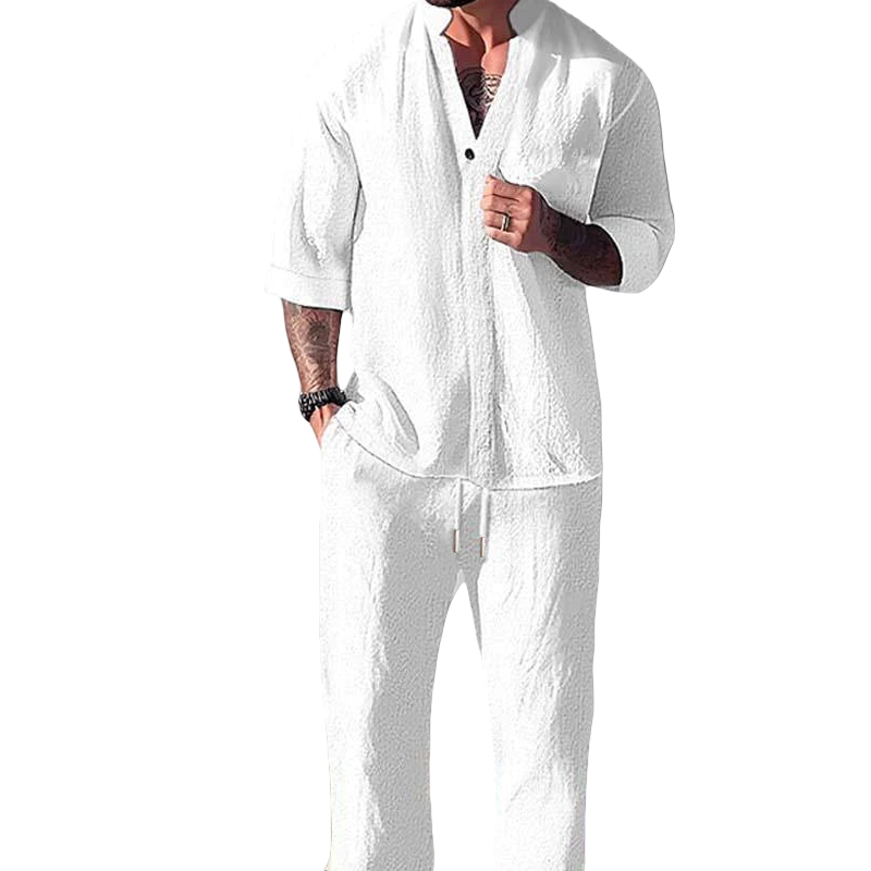 "Miesten loungewear-setti, V-kaula-aukko, puuvilla-pellavasekoite, pitkähihaiset paidat ja suorat housut joustavalla vyötäröl