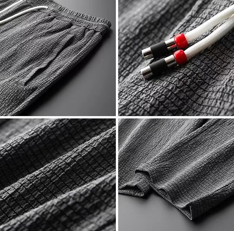 "Miesten loungewear-setti, V-kaula-aukko, puuvilla-pellavasekoite, pitkähihaiset paidat ja suorat housut joustavalla vyötäröl