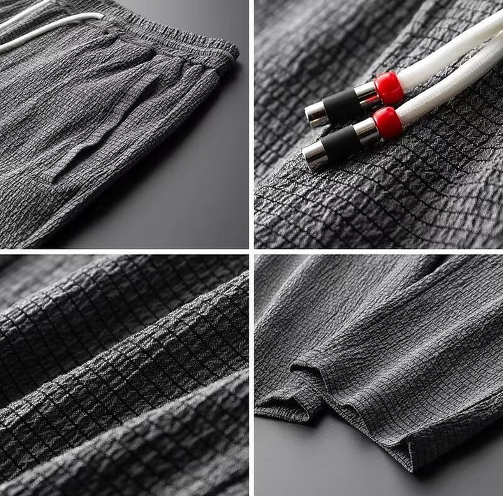 "Miesten loungewear-setti, V-kaula-aukko, puuvilla-pellavasekoite, pitkähihaiset paidat ja suorat housut joustavalla vyötäröl