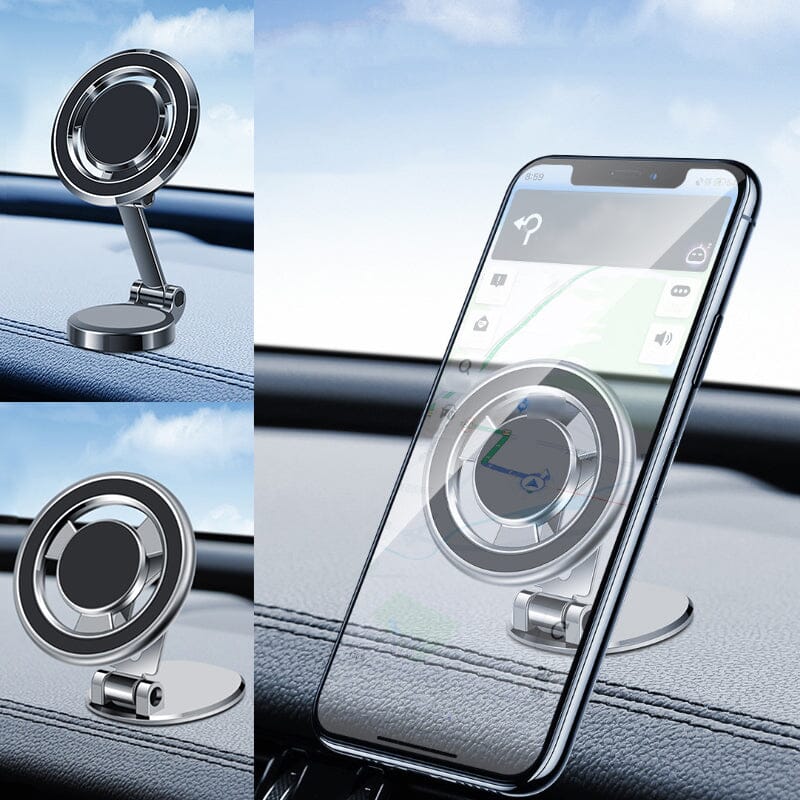 Herre magnetisk telefonholder til bil, sølvfarvet, kompakt og 360° roterbar, sikker og nem at installere.