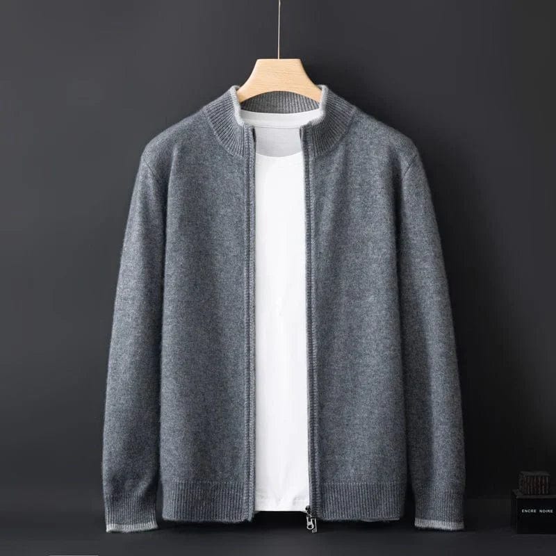 Herre minimalistisk sort jakke med lynlås, strikkede detaljer ved krave og manchetter, stilfuldt design.