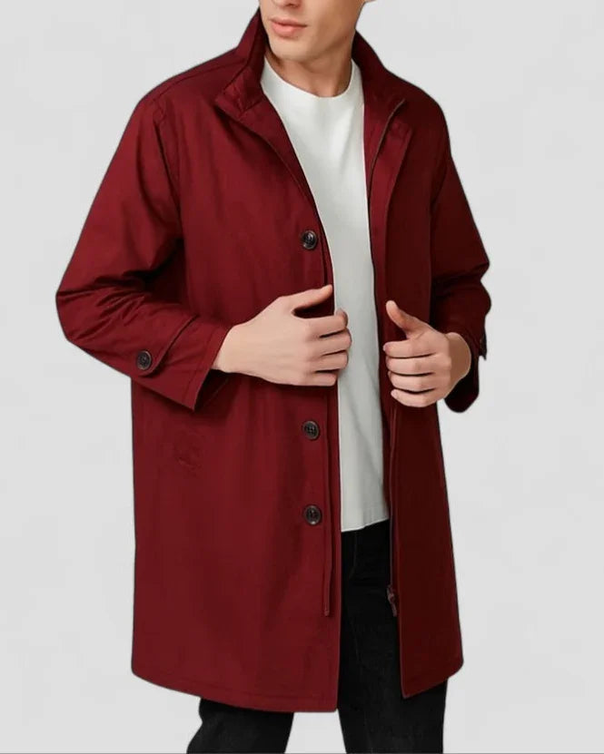 Herre lang frakke med minimalistisk stil, let, elegant design, til efterårs- og vinterlagdeling.