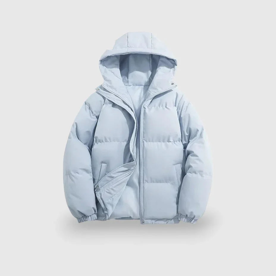 Herre moderne puffer parka, vandafvisende materiale, grå farve, stilfuldt snit, vinter mode overtøj.
