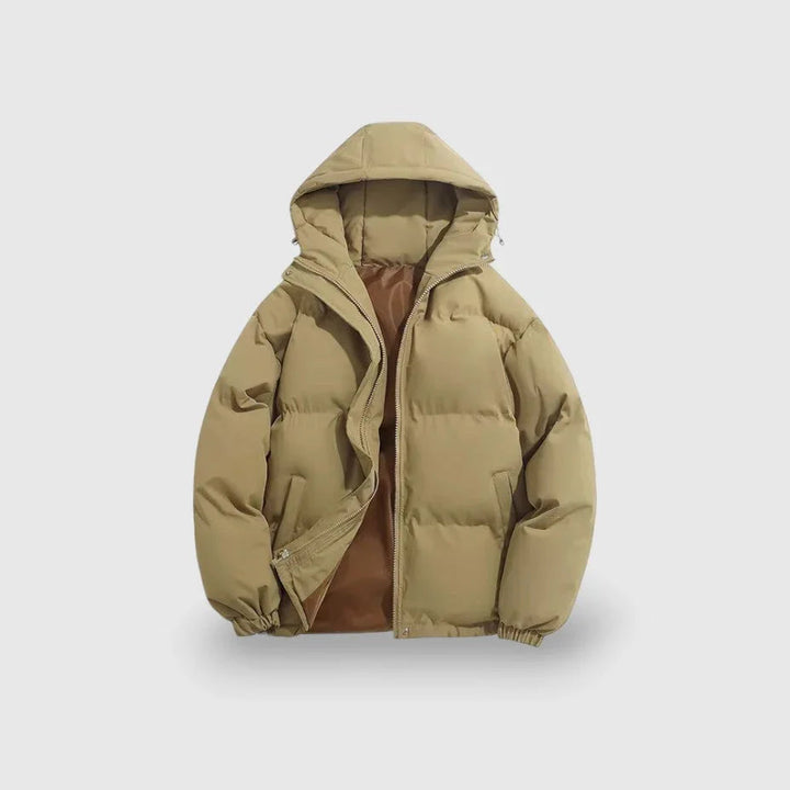 Herre moderne puffer parka, vandafvisende materiale, grå farve, stilfuldt snit, vinter mode overtøj.