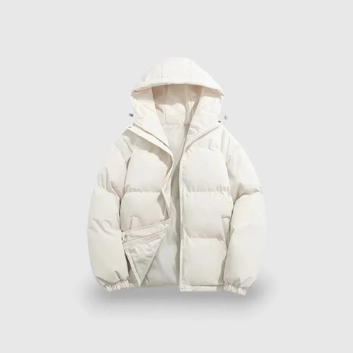 Herre moderne puffer parka, vandafvisende materiale, grå farve, stilfuldt snit, vinter mode overtøj.