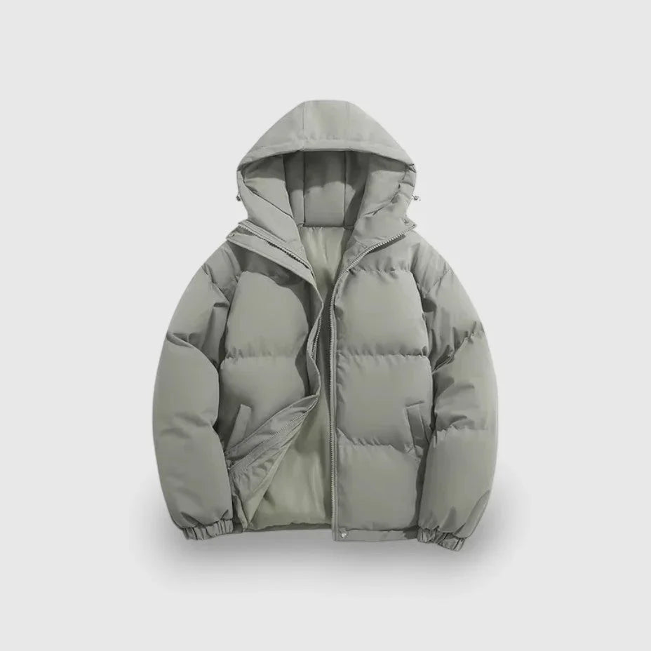 Herre moderne puffer parka, vandafvisende materiale, grå farve, stilfuldt snit, vinter mode overtøj.