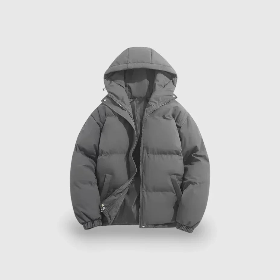 Herre moderne puffer parka, vandafvisende materiale, grå farve, stilfuldt snit, vinter mode overtøj.