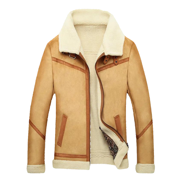 Herre moderne vinterjakke, beige og brun, stilfuld og varm, formtilpasset, perfekt til vintereventyr.