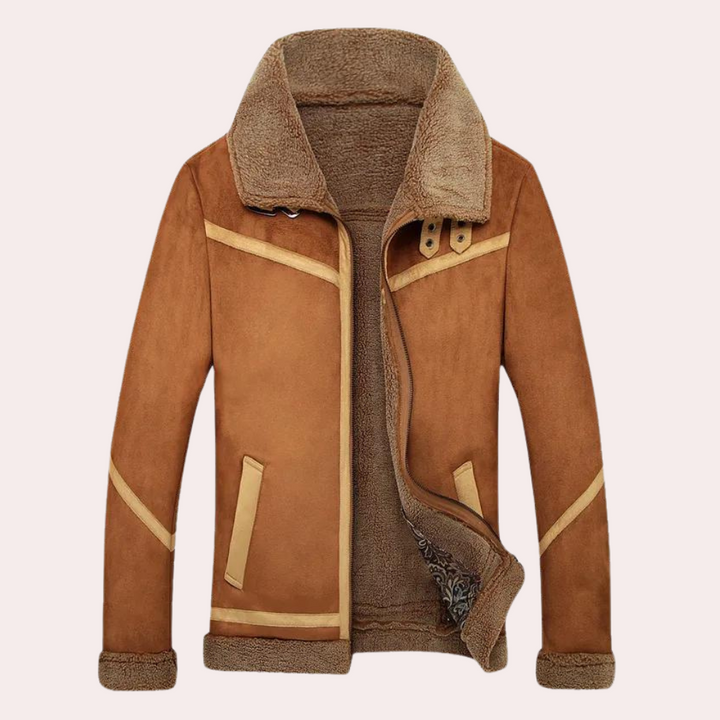 Herre moderne vinterjakke, beige og brun, stilfuld og varm, formtilpasset, perfekt til vintereventyr.