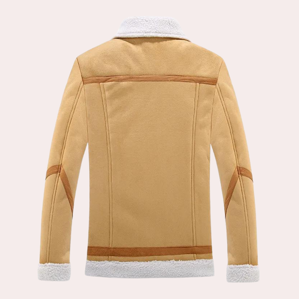 Herre moderne vinterjakke, beige og brun, stilfuld og varm, formtilpasset, perfekt til vintereventyr.
