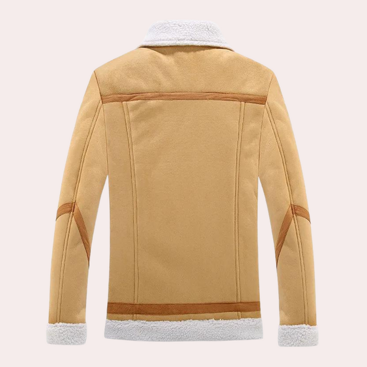 Herre moderne vinterjakke, beige og brun, stilfuld og varm, formtilpasset, perfekt til vintereventyr.