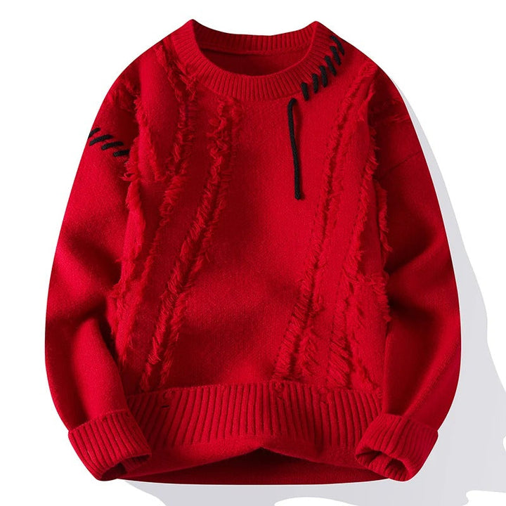 "Miesten moderni villapaita, eleganteilla yksityiskohdilla, kuvattuna edestä. Tyylikäs ja ajaton design."
