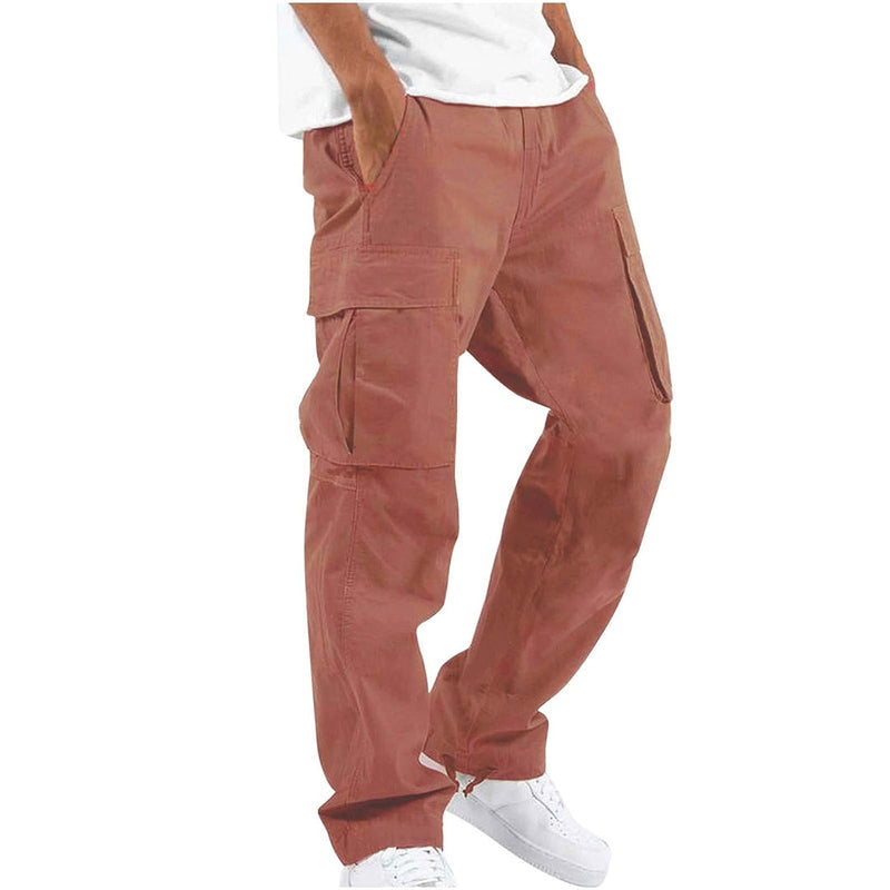 Herre moderne cargo bukser, khakifarvede, med rigelige lommer og smalle ben, alsidigt design.