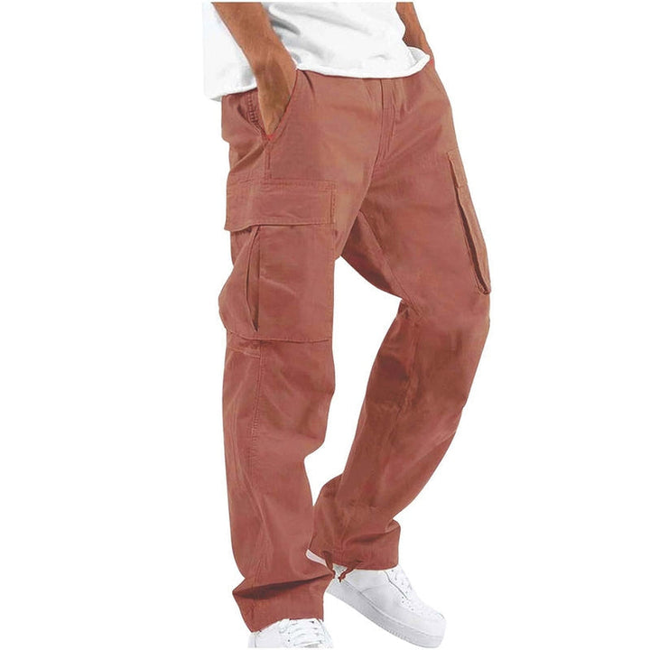 Herre moderne cargo bukser, khakifarvede, med rigelige lommer og smalle ben, alsidigt design.