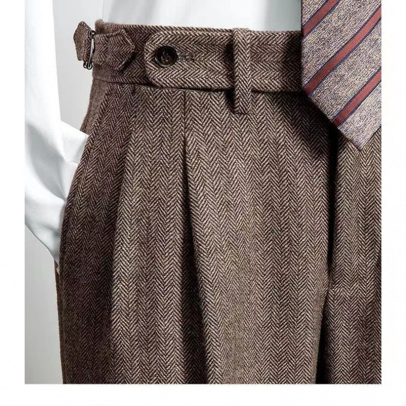 "Miesten modernit tweed-housut, rento istuvuus, ajaton vintagetyyli, kestävä ja mukava kangas."