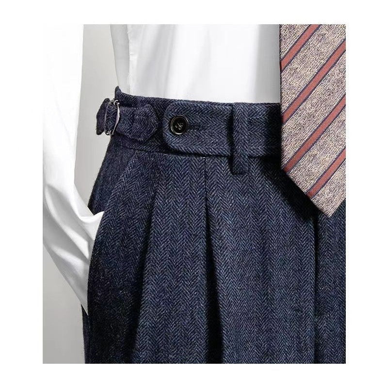 "Miesten modernit tweed-housut, rento istuvuus, ajaton vintagetyyli, kestävä ja mukava kangas."