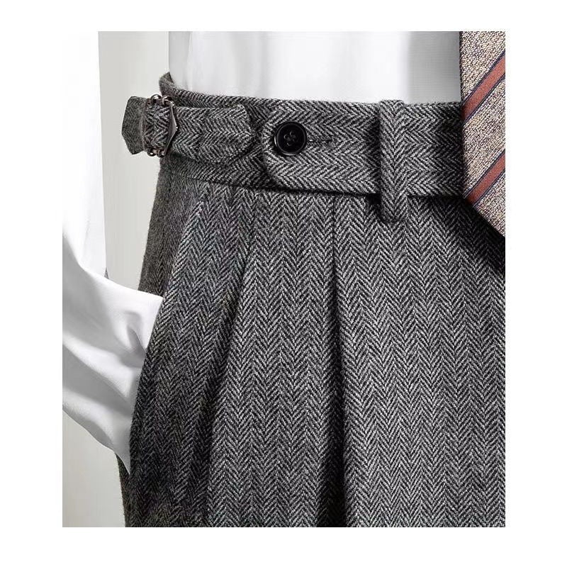"Miesten modernit tweed-housut, rento istuvuus, ajaton vintagetyyli, kestävä ja mukava kangas."