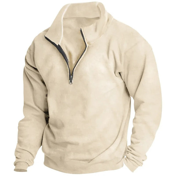 "Miesten monikäyttöinen half-zip huppari, neutraali väri, pystykaulus, kevyt ja hengittävä materiaali, tyylikäs ja rento ilme