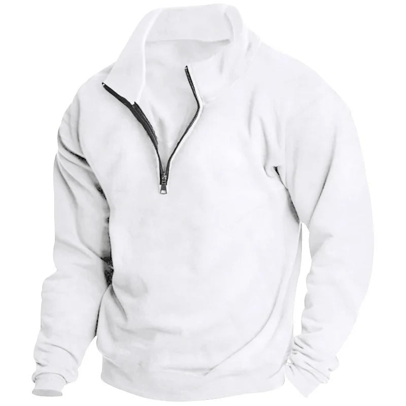 "Miesten monikäyttöinen half-zip huppari, neutraali väri, pystykaulus, kevyt ja hengittävä materiaali, tyylikäs ja rento ilme