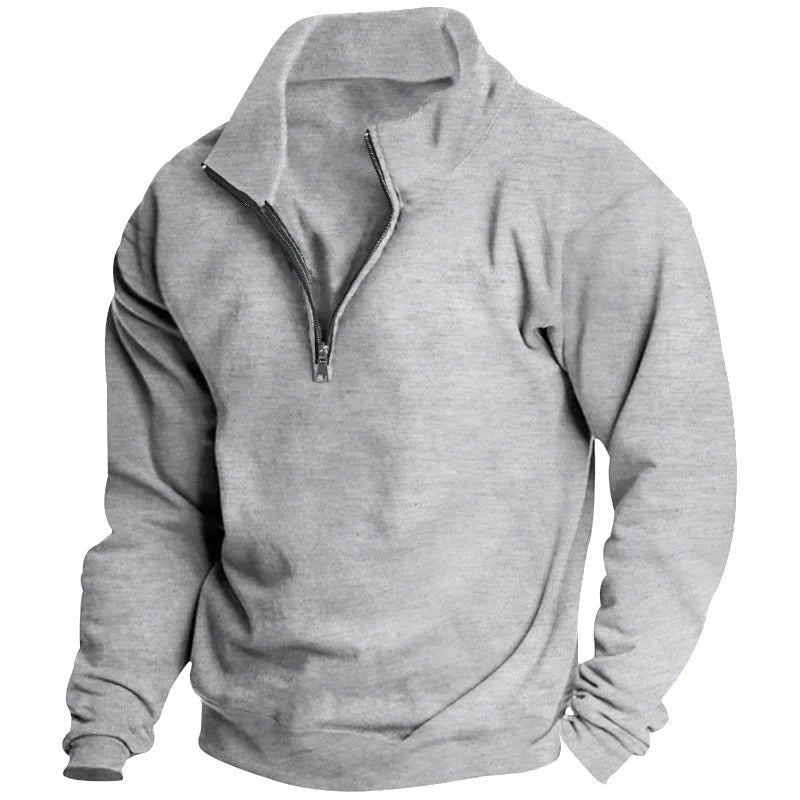 "Miesten monikäyttöinen half-zip huppari, neutraali väri, pystykaulus, kevyt ja hengittävä materiaali, tyylikäs ja rento ilme
