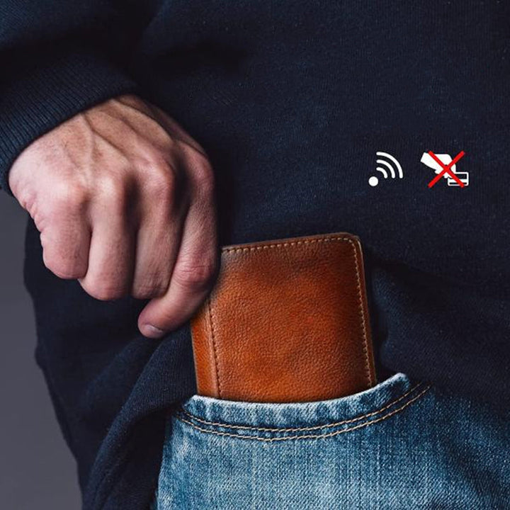Mænds multifunktionelle RFID-blokerende pung i PU-læder, elegant, håndlavet, sort farve, beskytter personlige oplysninger.