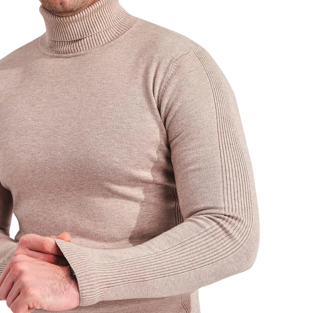 "Miesten mukava kashmirvillapaita ajattomalla muotoilulla, pehmeä beige sävy, rento leikkaus, lämmin neulos."