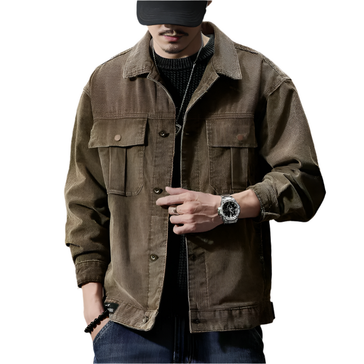 "Miesten mukava khaki corduroy takki, puuvilla-polyesteri, ajaton ja kestävä syksyyn ja talveen."