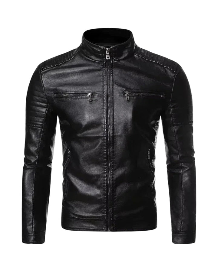 Herre sort slim fit biker jakke med mesh-mønster, lynlåslommer og stå krave, stilfuld og komfortabel løsning.
