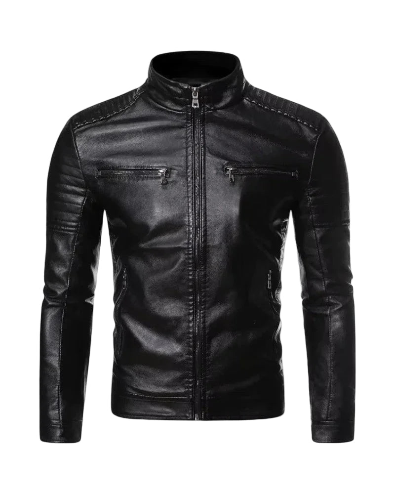 Herre sort slim fit biker jakke med mesh-mønster, lynlåslommer og stå krave, stilfuld og komfortabel løsning.