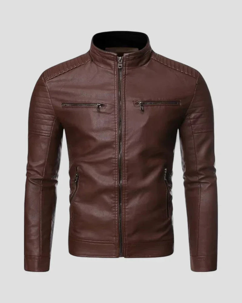 Herre sort slim fit biker jakke med mesh-mønster, lynlåslommer og stå krave, stilfuld og komfortabel løsning.