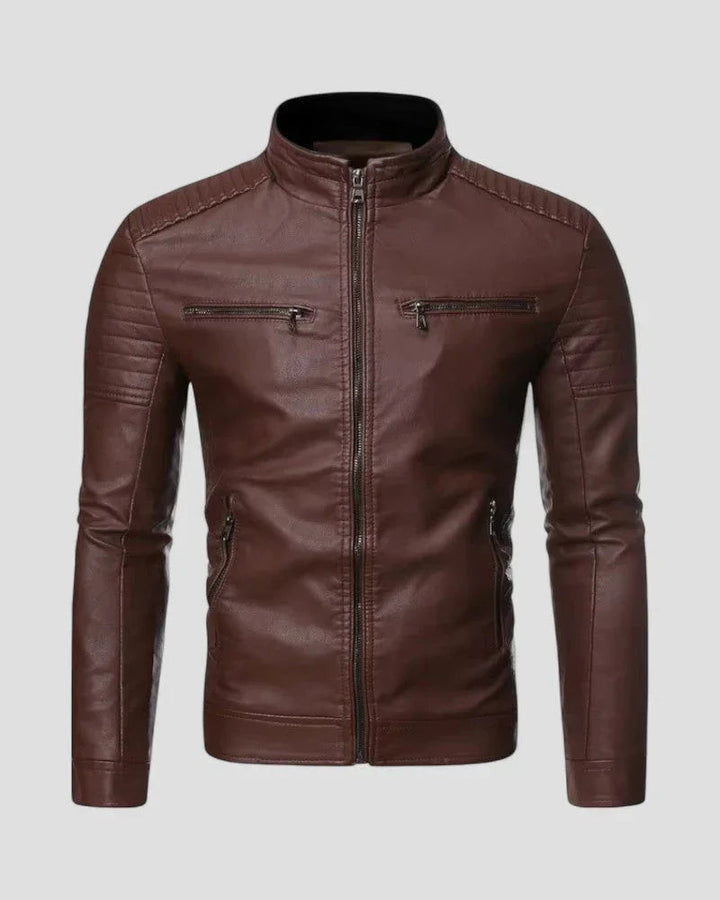 Herre sort slim fit biker jakke med mesh-mønster, lynlåslommer og stå krave, stilfuld og komfortabel løsning.