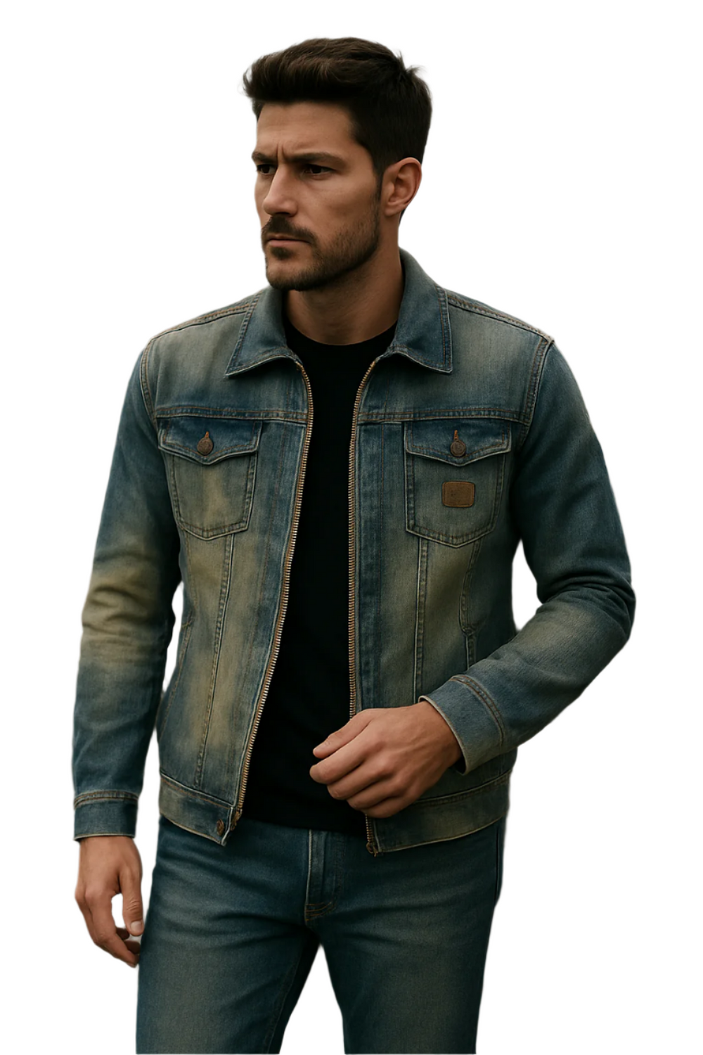 "Miesten napitettava denim-takki rintataskuilla, klassinen ja moderni tyyli, tiukka istuvuus ja vahva olkalinja."