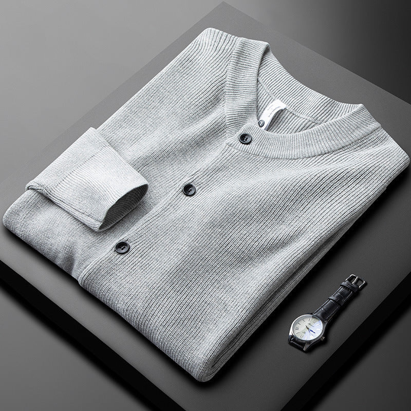 Herre cardigan slank pasform, knaplukning, stilfuldt gråt strikdesign, klassisk elegance.
