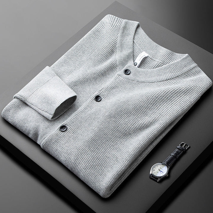 Herre cardigan slank pasform, knaplukning, stilfuldt gråt strikdesign, klassisk elegance.