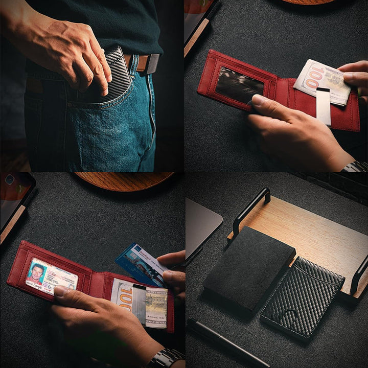Mænds slanke RFID-sikrede ægte læder pung, 11 kortlommer, minimalistisk sort design.