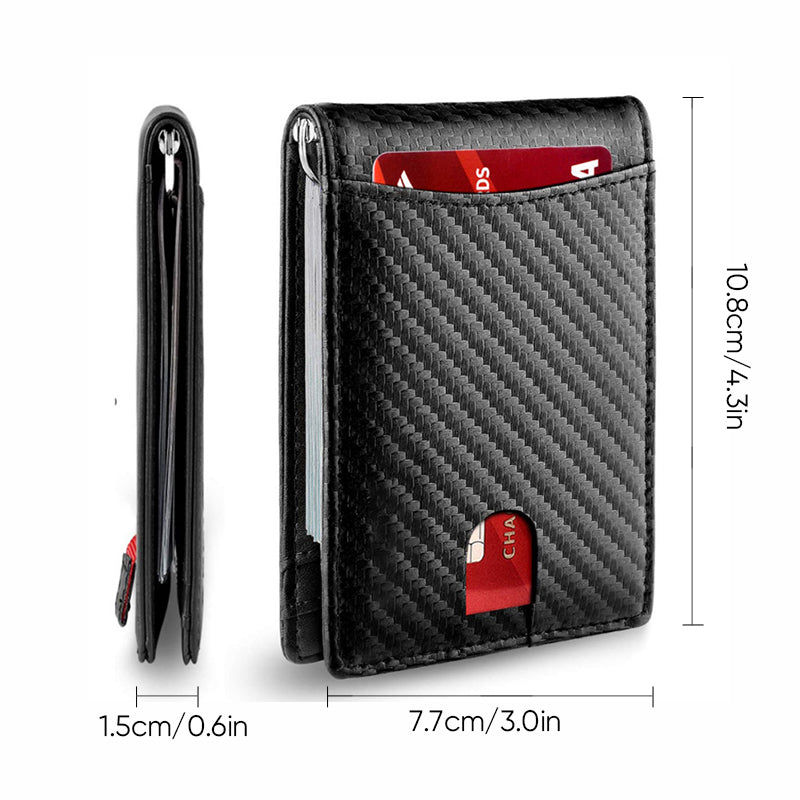 Mænds slanke RFID-sikrede ægte læder pung, 11 kortlommer, minimalistisk sort design.