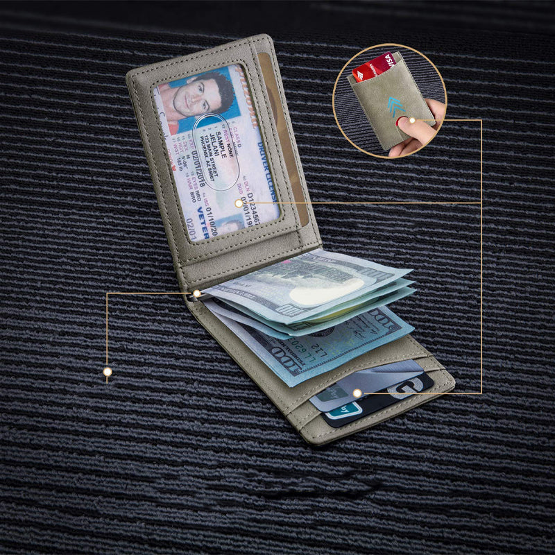 Mænds slanke RFID-sikrede ægte læder pung, 11 kortlommer, minimalistisk sort design.