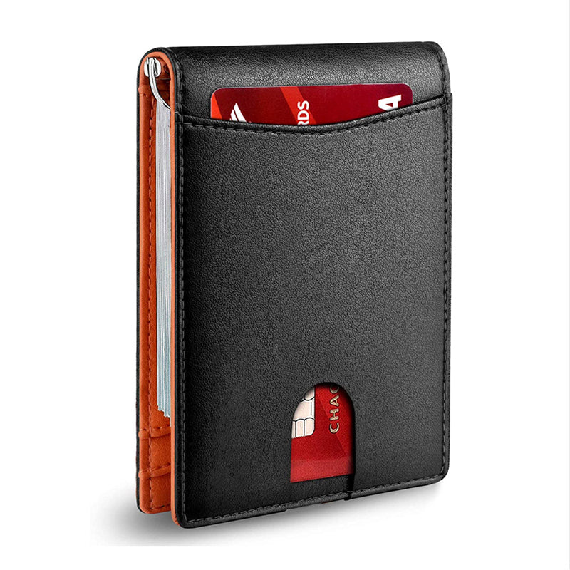 Mænds slanke RFID-sikrede ægte læder pung, 11 kortlommer, minimalistisk sort design.