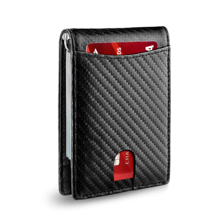 Mænds slanke RFID-sikrede ægte læder pung, 11 kortlommer, minimalistisk sort design.
