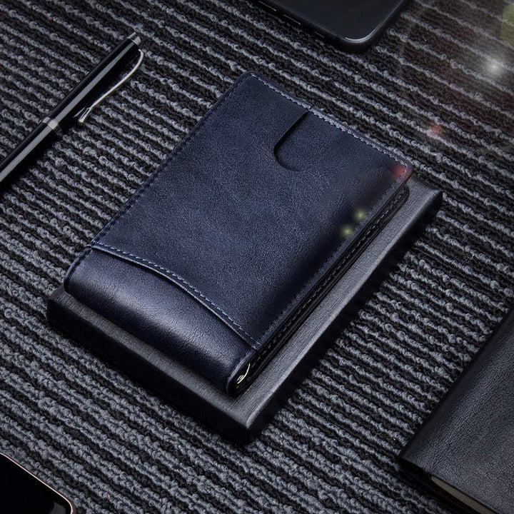 Mænds slanke RFID-sikrede ægte læder pung, 11 kortlommer, minimalistisk sort design.