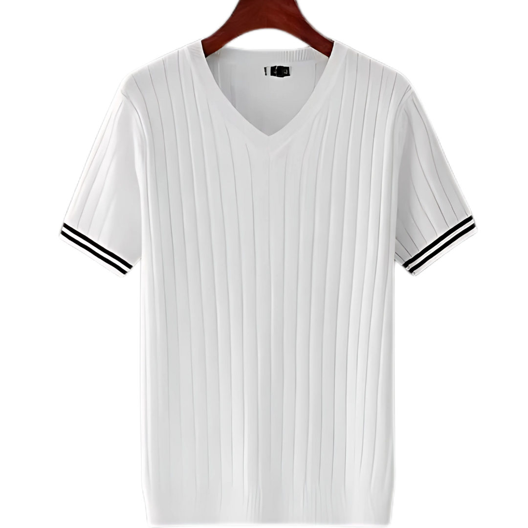 Miesten ohut neule V-aukkoinen T-paita, slim fit, raidallinen tekstuuri, moderni ilme; kevyt ja hengittävä materiaali.