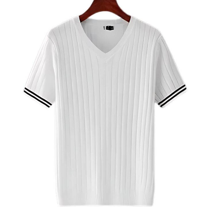 Miesten ohut neule V-aukkoinen T-paita, slim fit, raidallinen tekstuuri, moderni ilme; kevyt ja hengittävä materiaali.